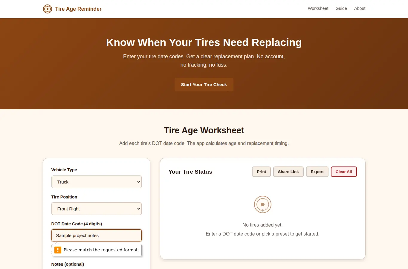 Screenshot of Tire Age Reminder interface showing the project page in use